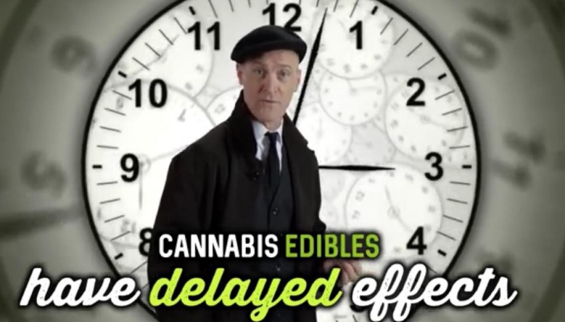 Actor standing in front of large clock with text: Cannabis edibles have delayed effects